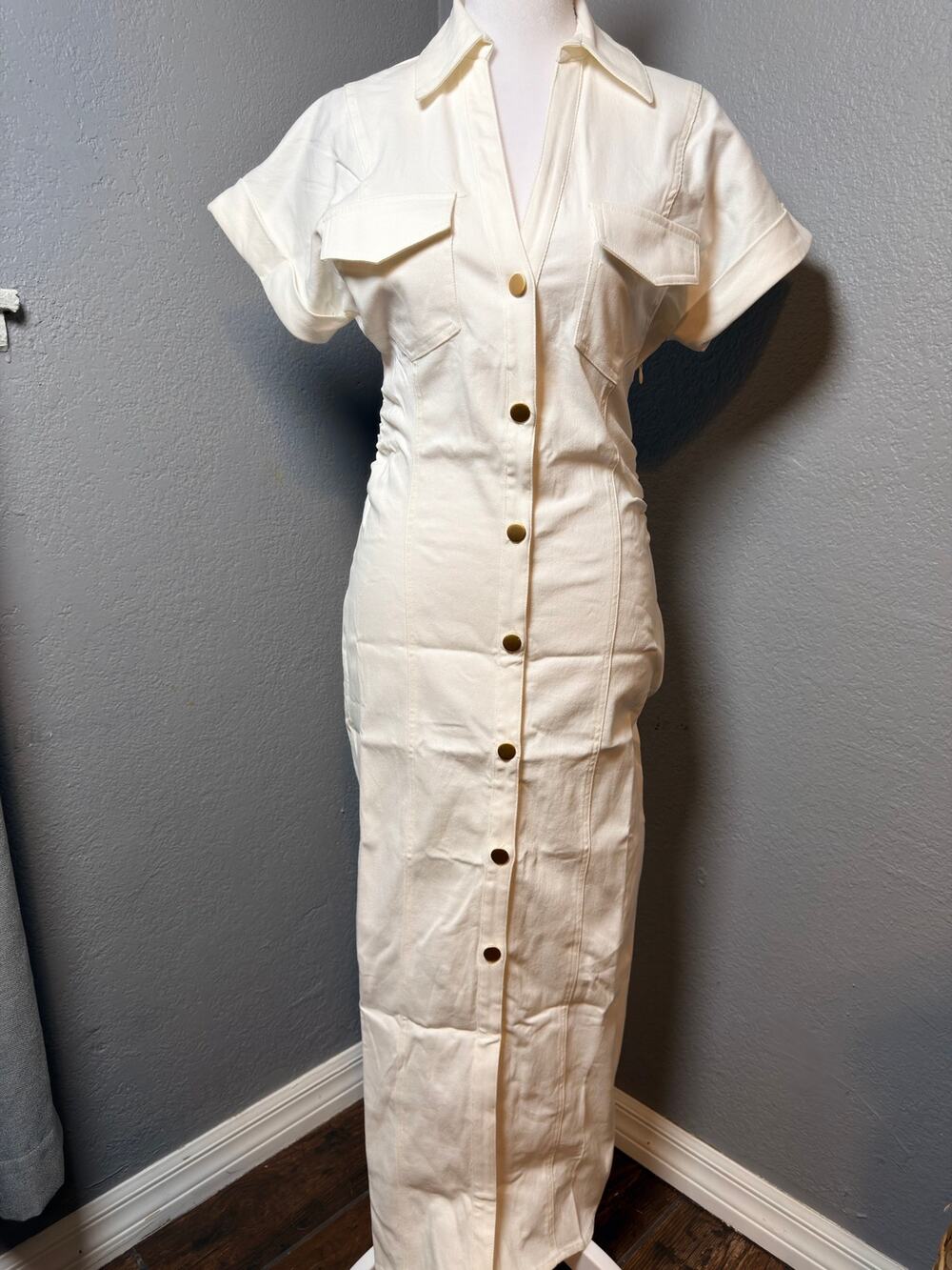 Candescent Women's Midi Dress Size S Ivory Button Front Collared Dress